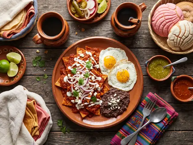 Desayuno con chilaquiles, huevos, frijoles y café